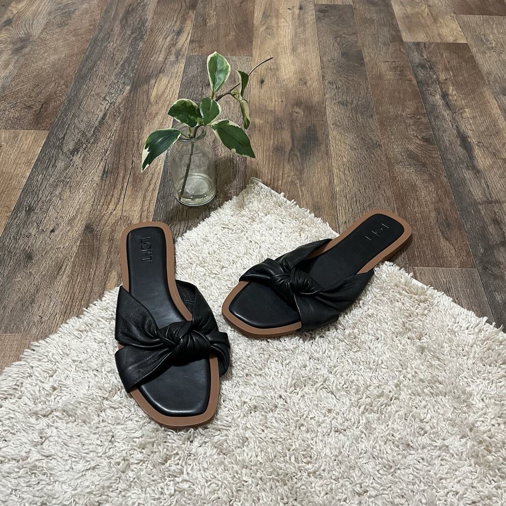 LOFT Size 9.5 M Black Brown Leather Knotted Slide Sandals NWOT